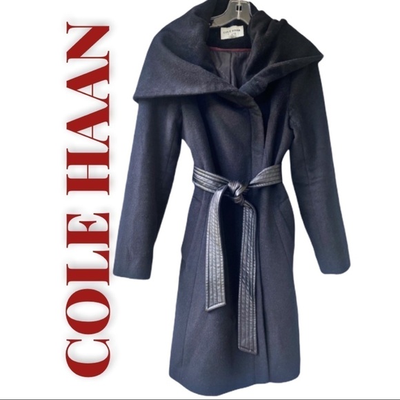 COLE HAAN WOOL BELTED SHAWL HIGH COLLAR WRAP COAT BLACK FORMAL OLD MONEY, 12 - Picture 2 of 15
